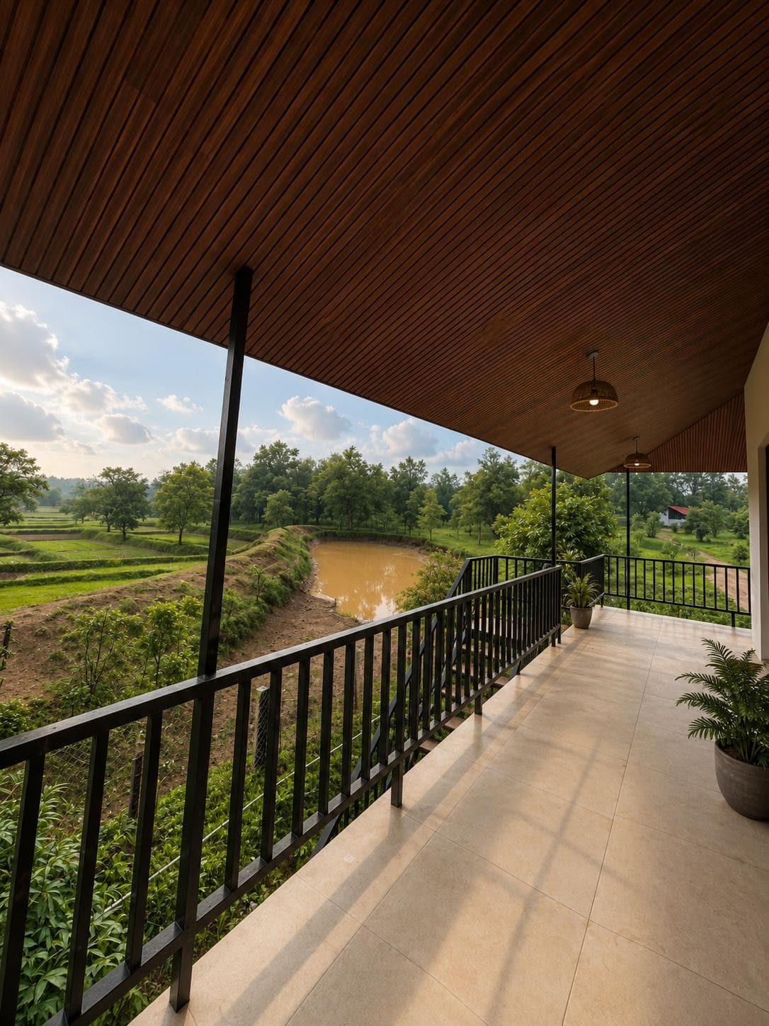 Covered resort veranda overlooking the landscape