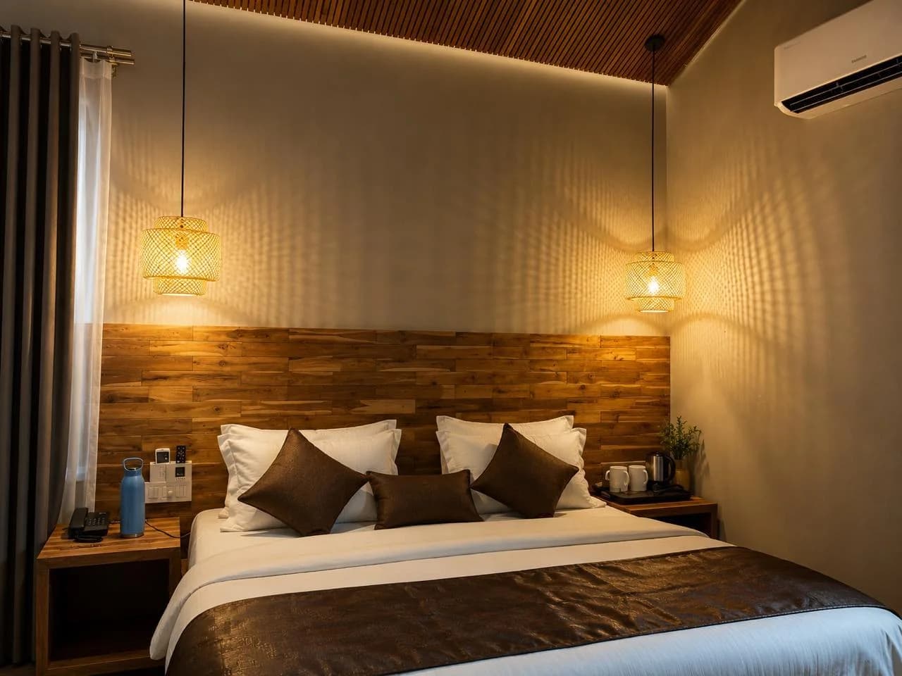 Spacious cottage room with bed, sitting area and timber accents