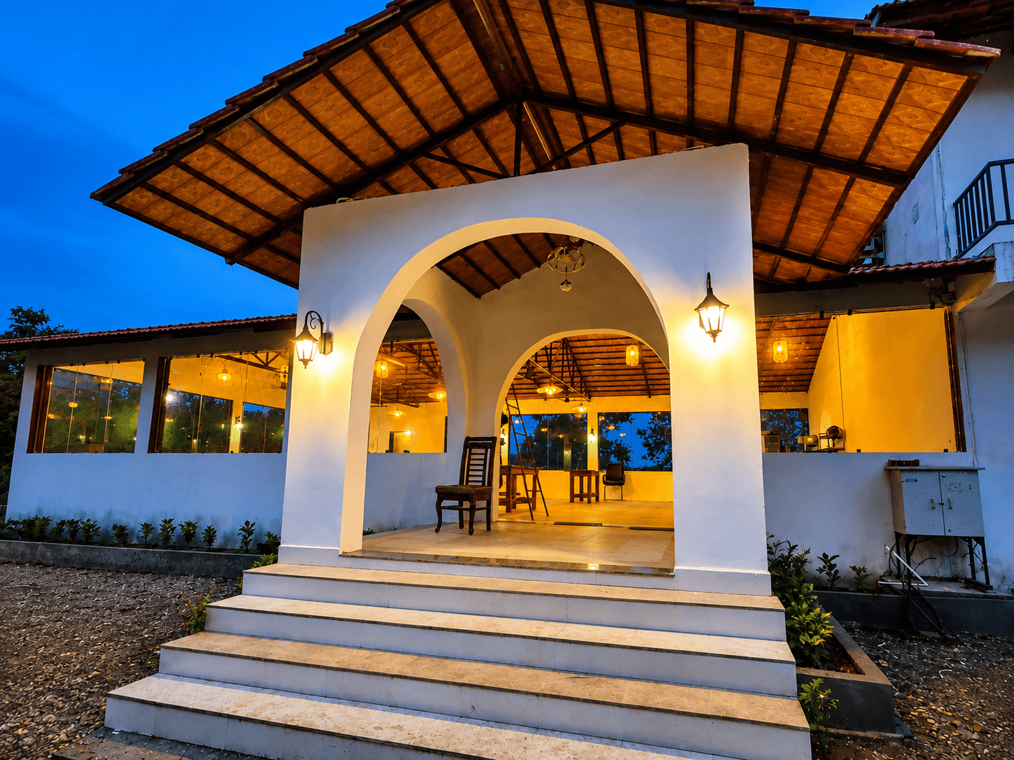 Warm-lit resort entrance