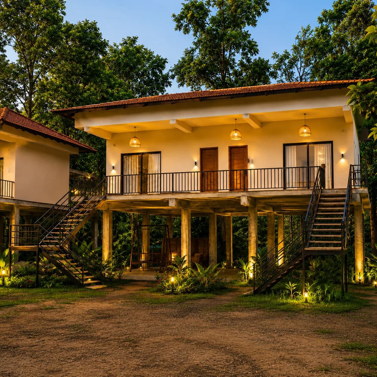 Raised forest resort building with warm evening lights