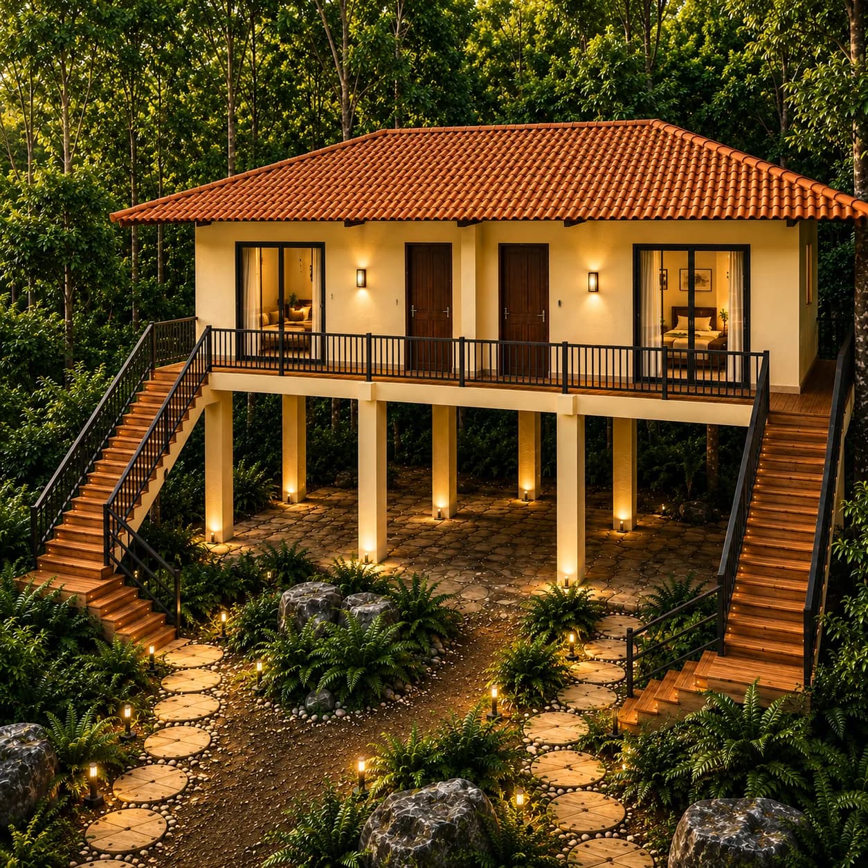 Forest cottages with verandas and garden paths
