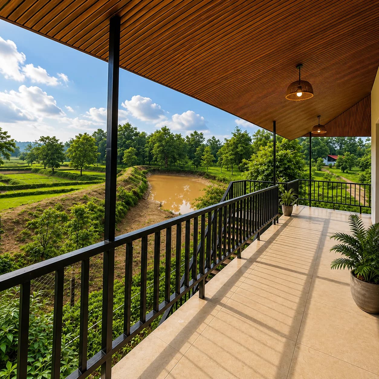 Covered veranda overlooking green fields and forest